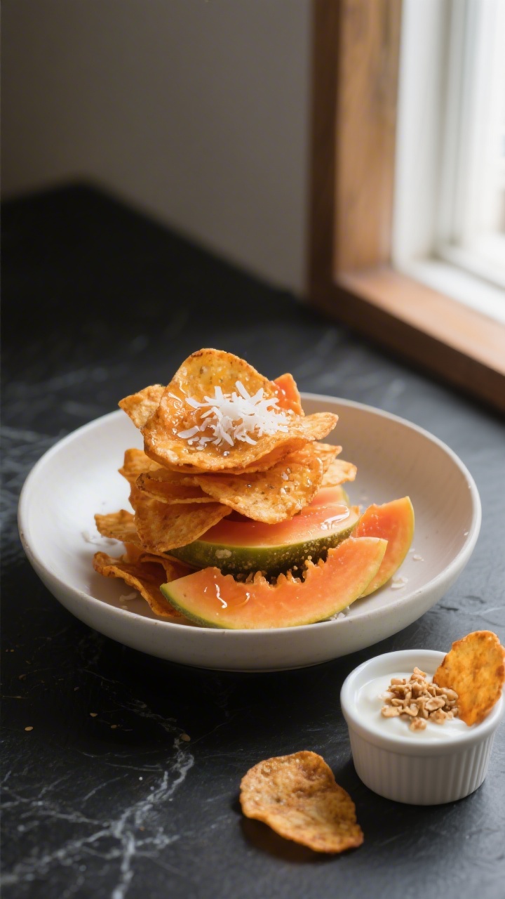Final dish presentation: Beautifully plated Air Fryer Papaya Chips served in a matte white shallow b