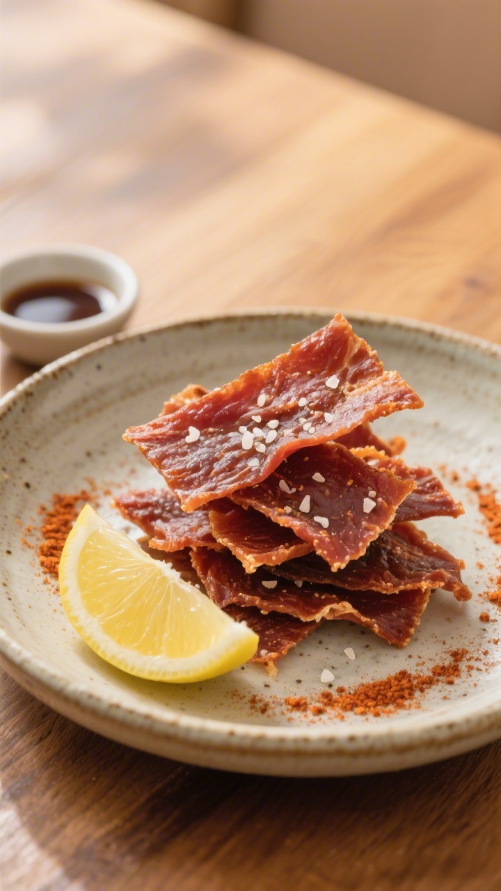 Final dish presentation: Beautifully plated air fryer turkey jerky served in a rustic, shallow ceram