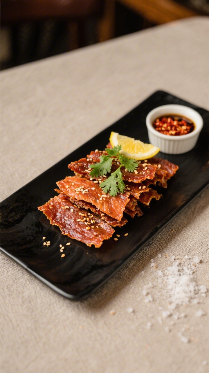 Final dish presentation: Beautifully plated air fryer salmon jerky on a matte black rectangular plat