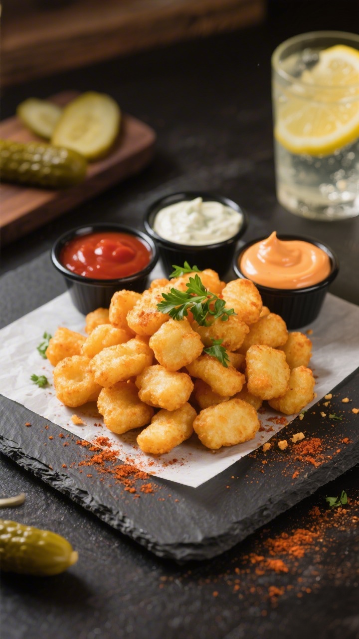 Final dish presentation: Beautifully plated air fryer cheese curds piled on a small parchment-lined