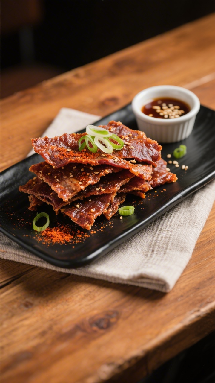 Final dish presentation: Beautifully plated air fryer pork jerky on a matte black rectangular plate,