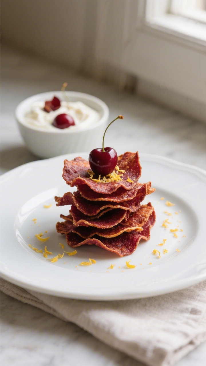 Final dish presentation: Beautifully plated Air Fryer Cherry Chips stacked and fanned on a white cer