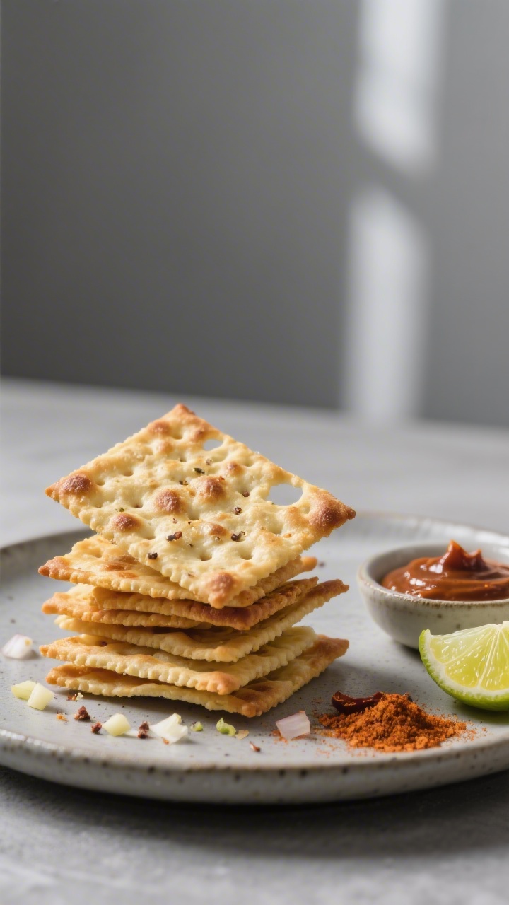 Final dish presentation: Beautifully plated cheese chip “crackers” shaped into neat rectangles,
