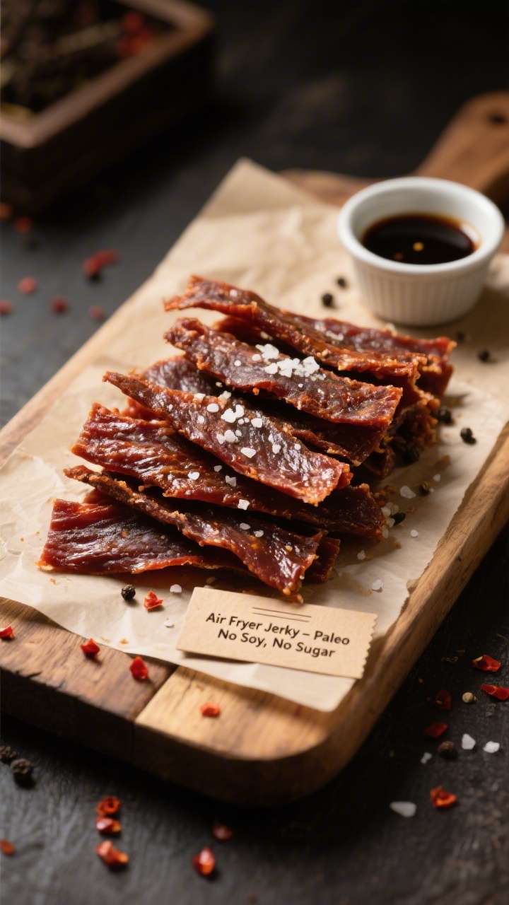 Final dish presentation: Beautifully plated Paleo jerky on a rustic wooden board lined with parchmen