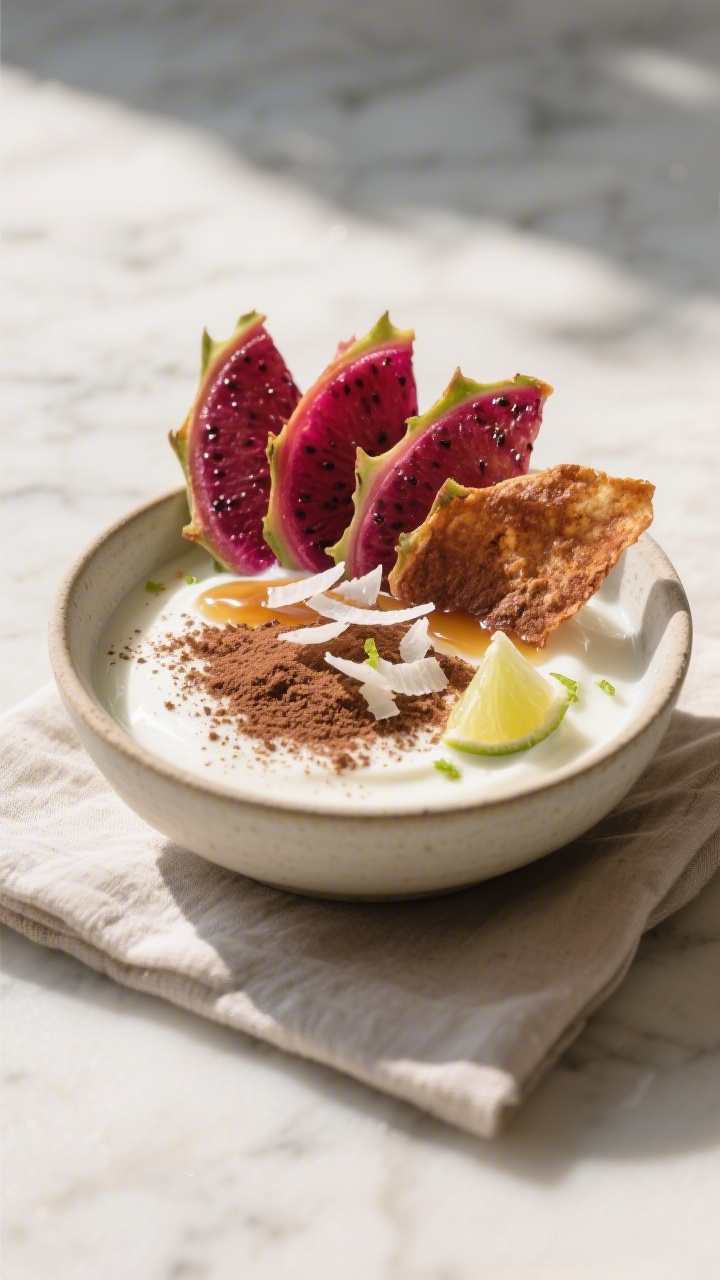 Final dish presentation: Restaurant-quality bowl of yogurt topped with a fan of glossy, crispy drago