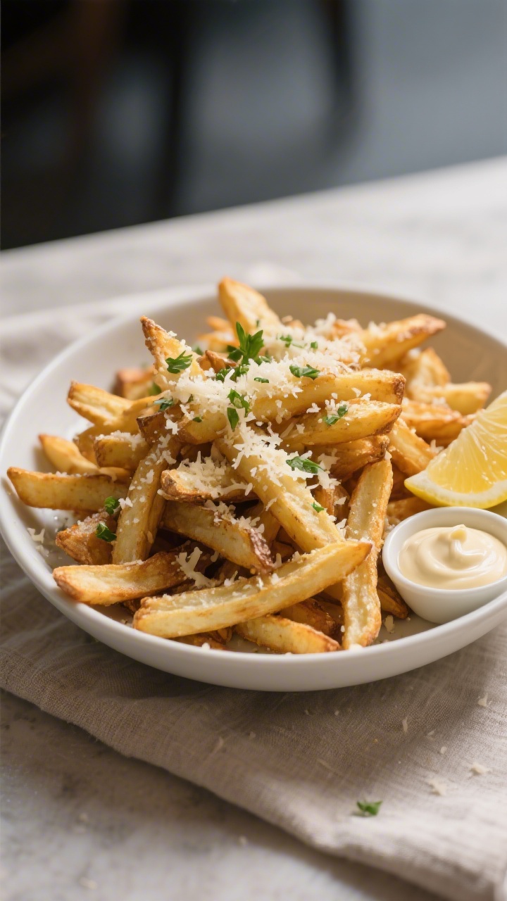 Final dish presentation: Restaurant-quality plate of Garlic-Parmesan air fryer fries piled high in a