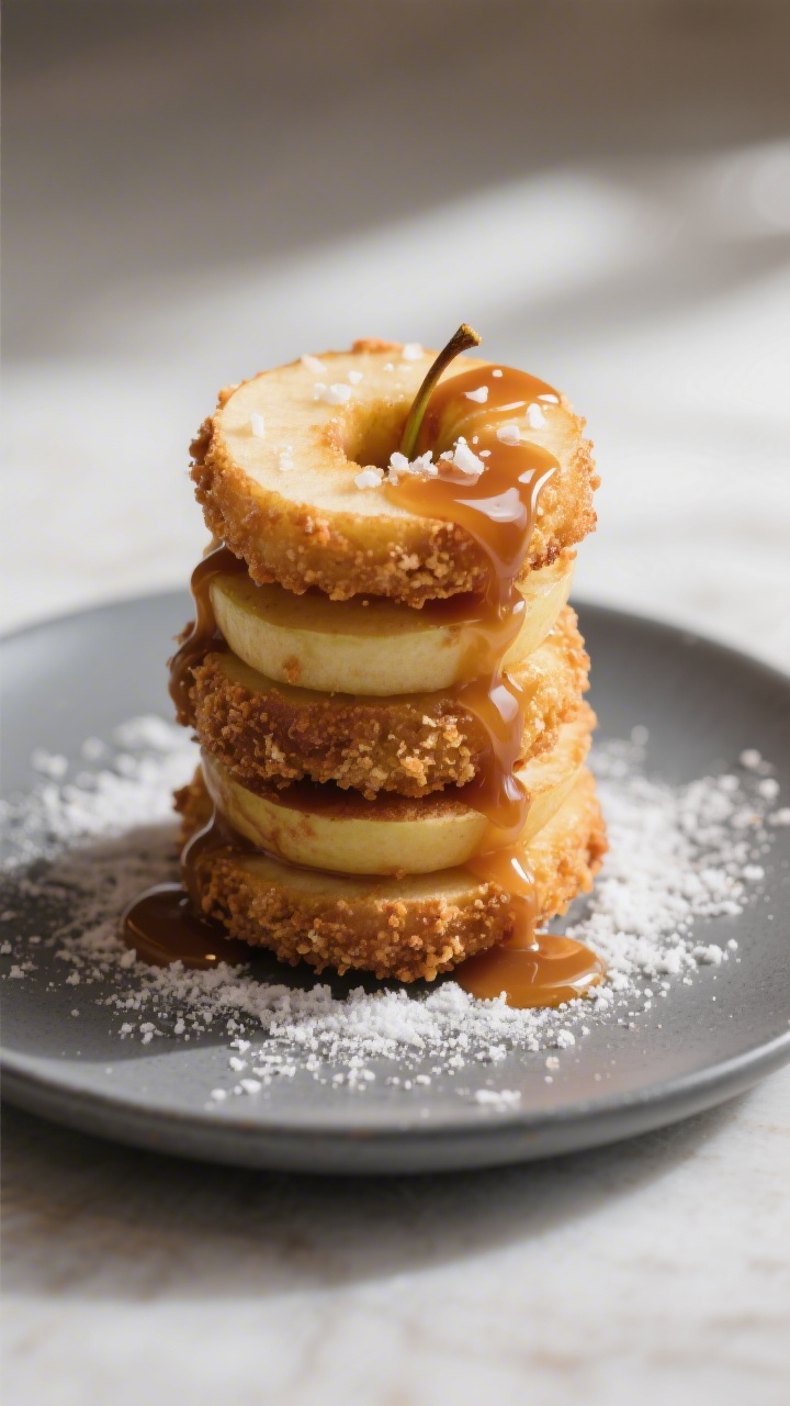 Final dish presentation: Restaurant-quality plate-up of stacked apple rings forming a tall crisscros