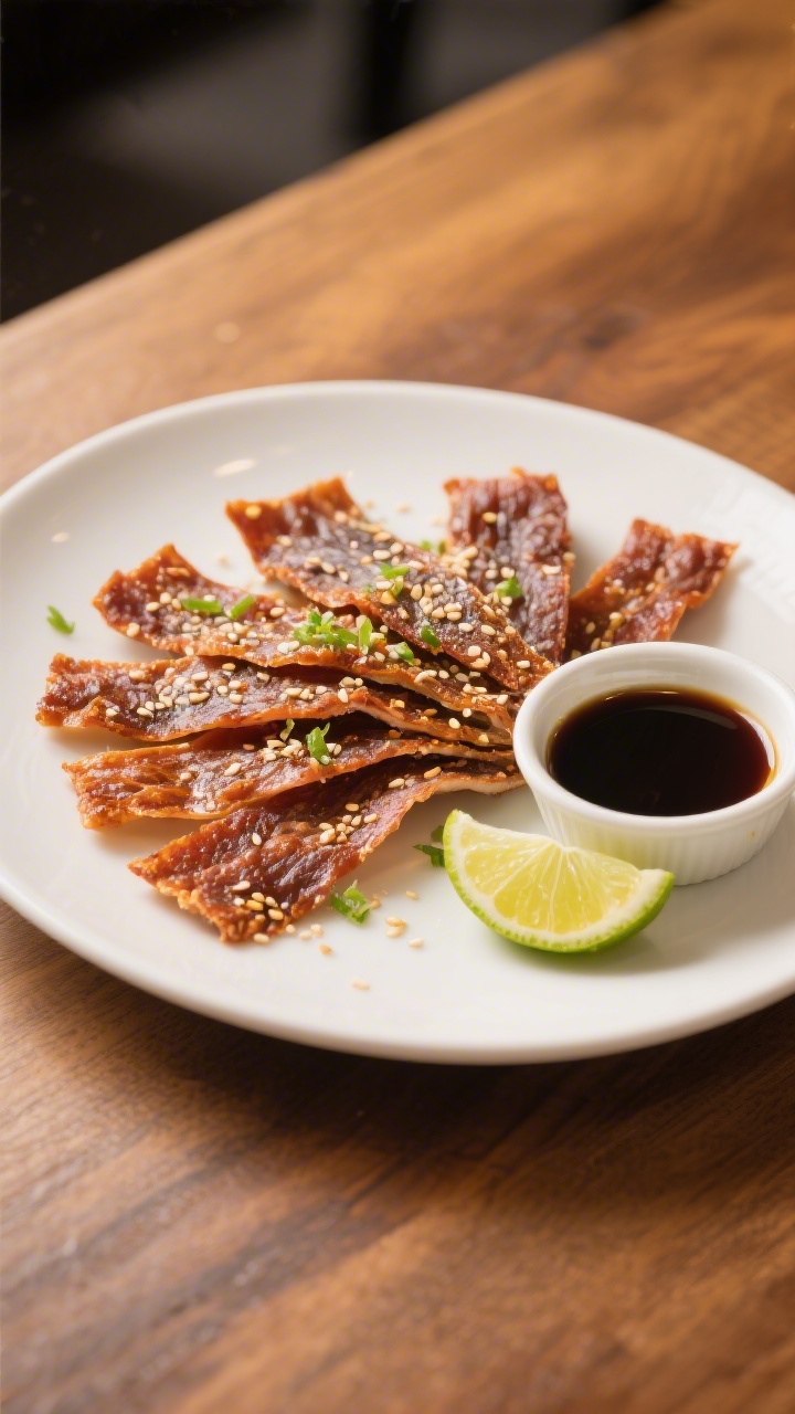 Final dish presentation: Restaurant-quality plated air fryer tuna jerky arranged fan-style on a matt