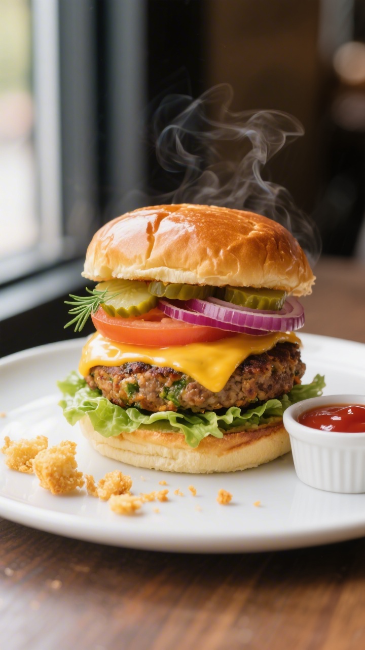 Final plated burger, restaurant-quality presentation: A beautifully stacked air-fried veggie burger