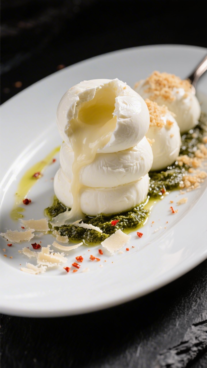 Final plated hero: Restaurant-quality presentation of five mozzarella balls stacked on a white ceram