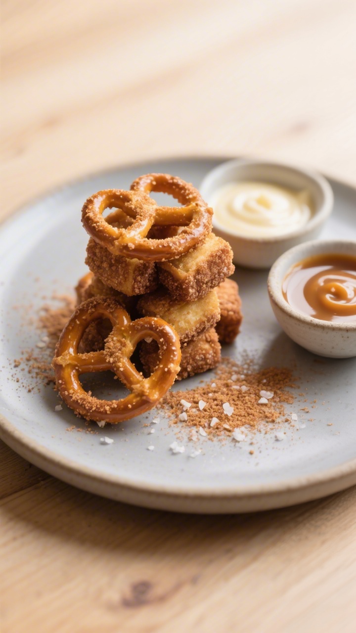 Final plated presentation: Beautifully styled dessert plate of cinnamon pretzel bites stacked high,