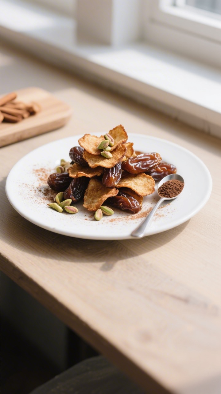 Final plated presentation: Elegant snack board scene featuring a neat pile of air-fried date chips w
