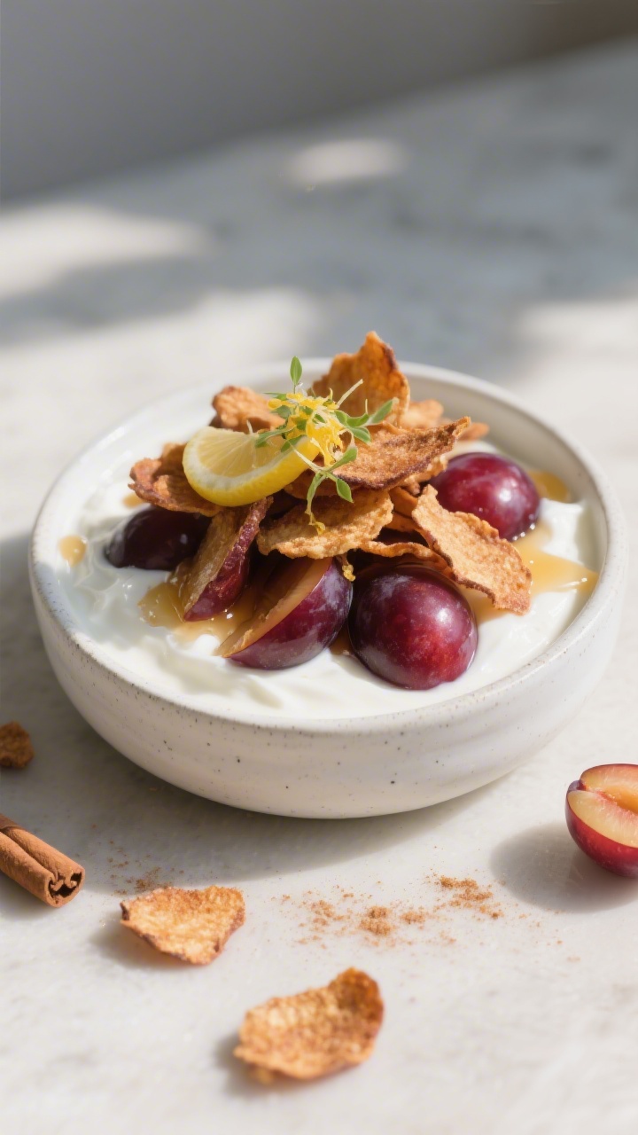 Final plated presentation of plum chips as a yogurt topper: creamy Greek yogurt in a white stoneware