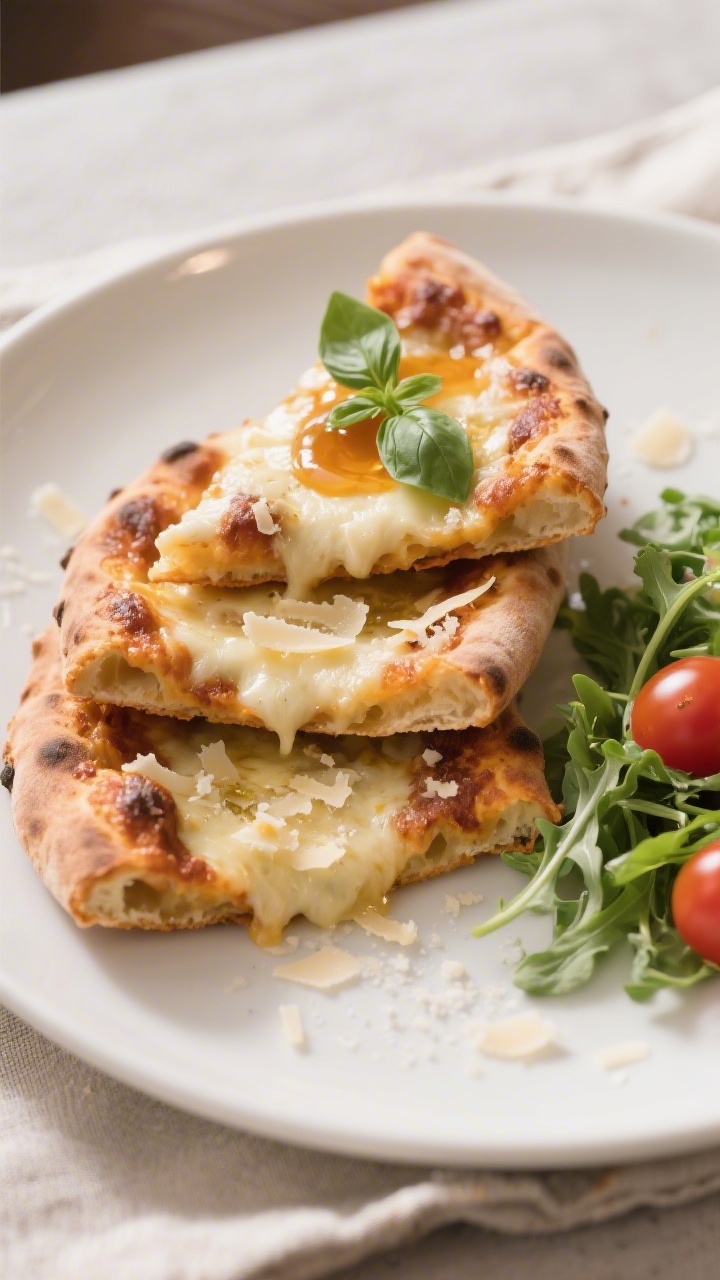 Final plated presentation: Restaurant-quality plate with three mini pizzas stacked slightly overlapp