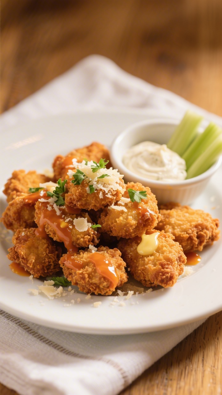 Final plated presentation: Restaurant-quality plate of extra-crispy chicken nuggets piled high, driz