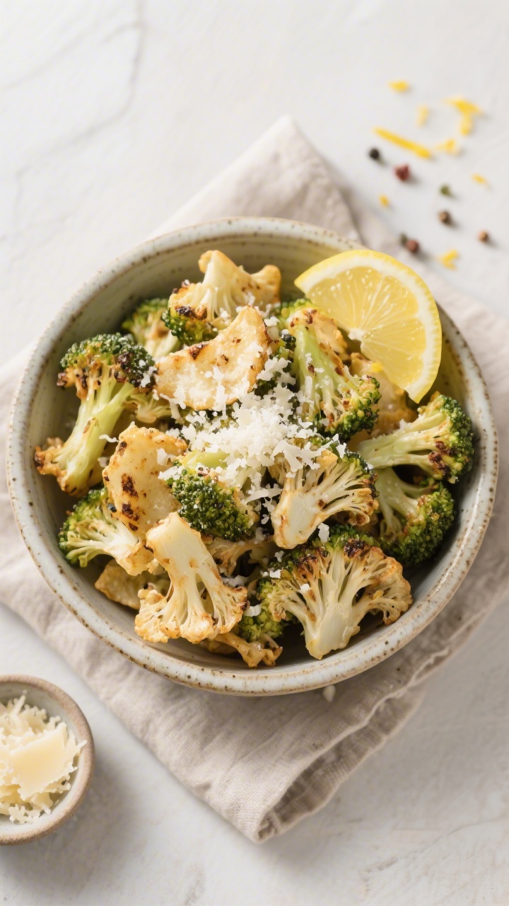 Overhead shot of a final plated bowl of Air Fryer Broccoli Chips, Garlic-Parmesan variation: rustic