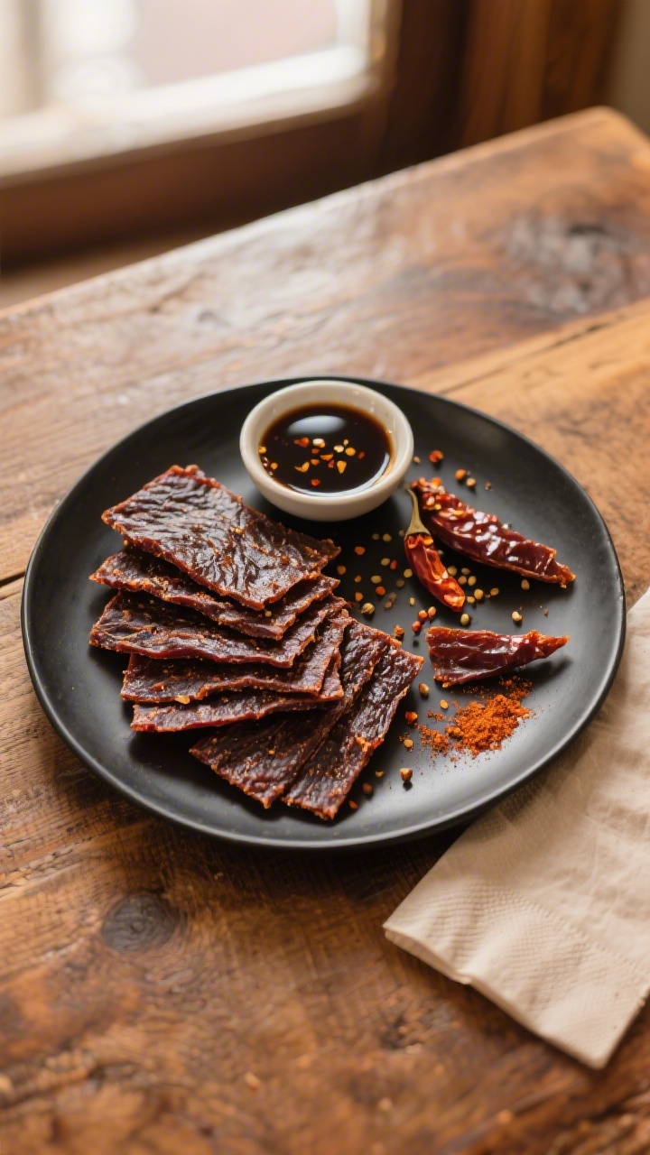 Overhead shot of a final snack-ready spread of low-sodium beef jerky, artfully stacked and fanned on