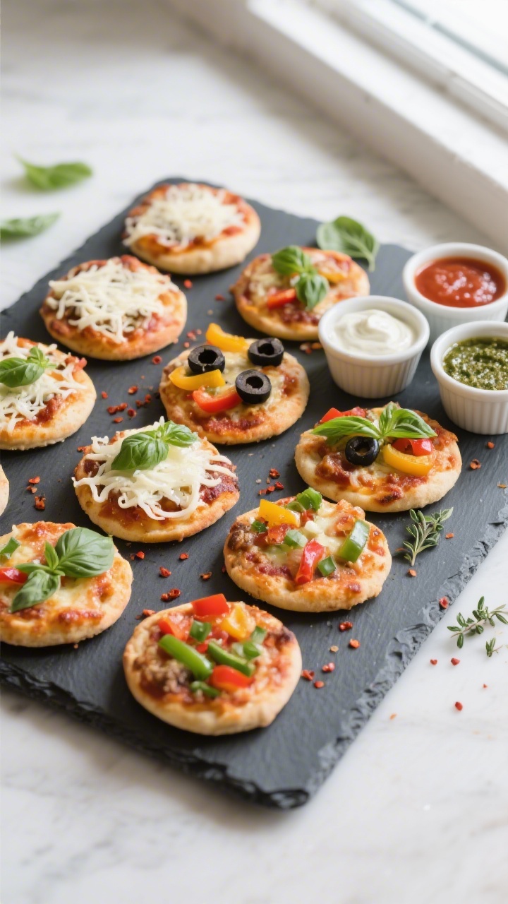 Overhead tasty top view: A slate board filled with assorted cooked frozen mini pizzas arranged in a