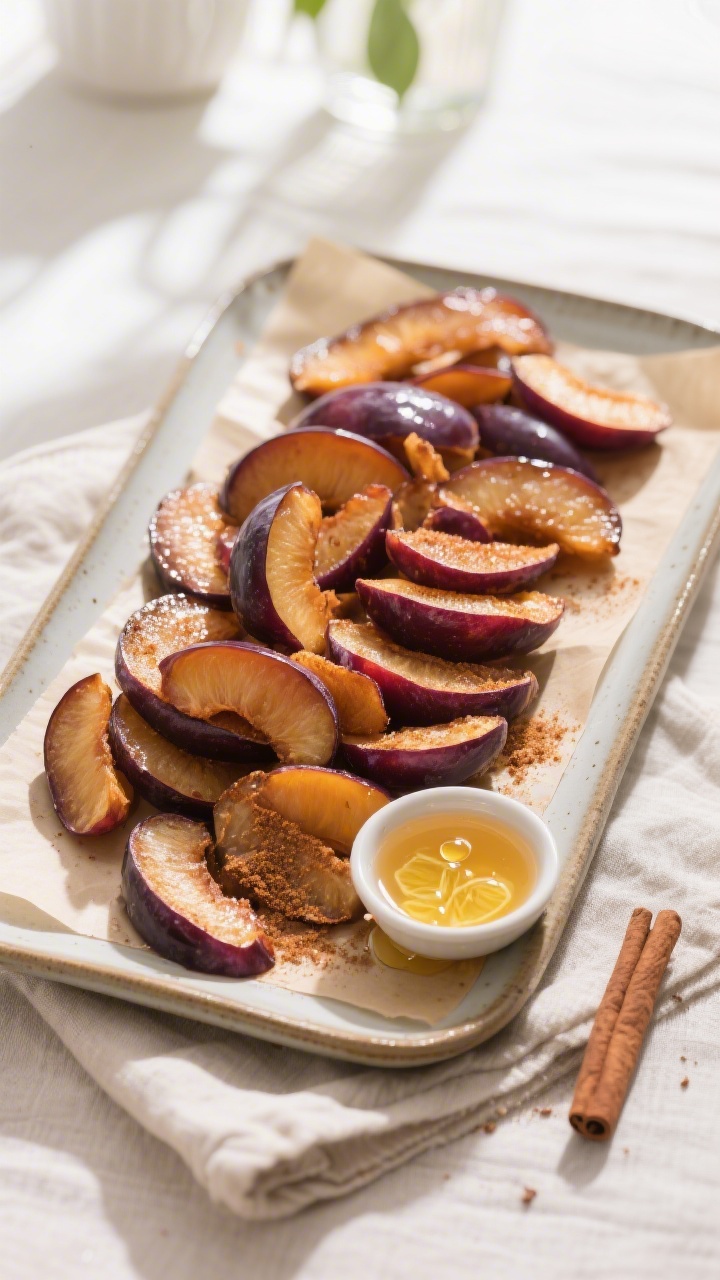 Overhead “tasty top view” of a serving platter of plum chips: neatly fanned clusters of glossy,