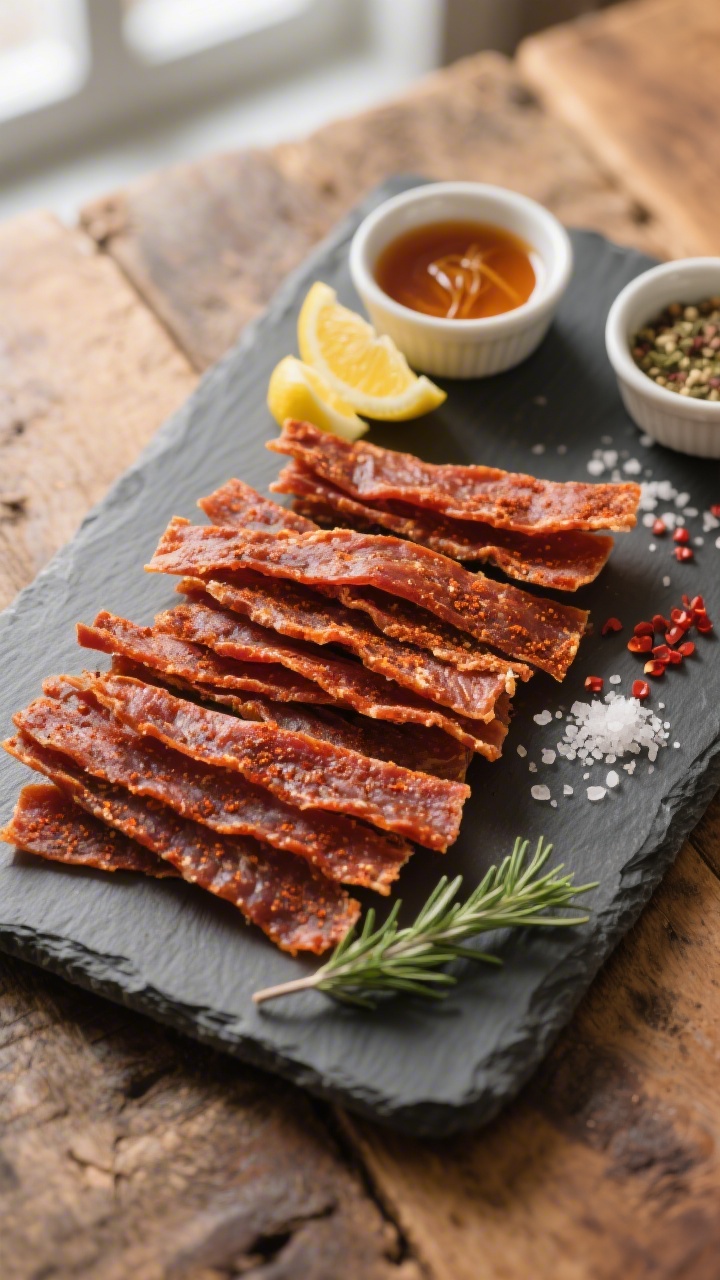 Overhead “tasty top view” of a snack board featuring Air Fryer Turkey Jerky as the star: neatly
