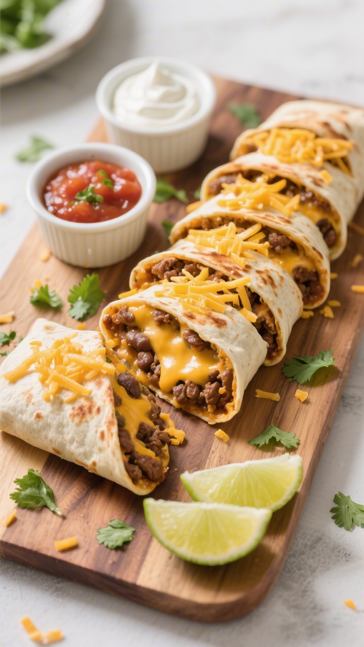 Overhead “tasty top view” of finished air-fried burritos sliced on a wooden board: rounds reveal