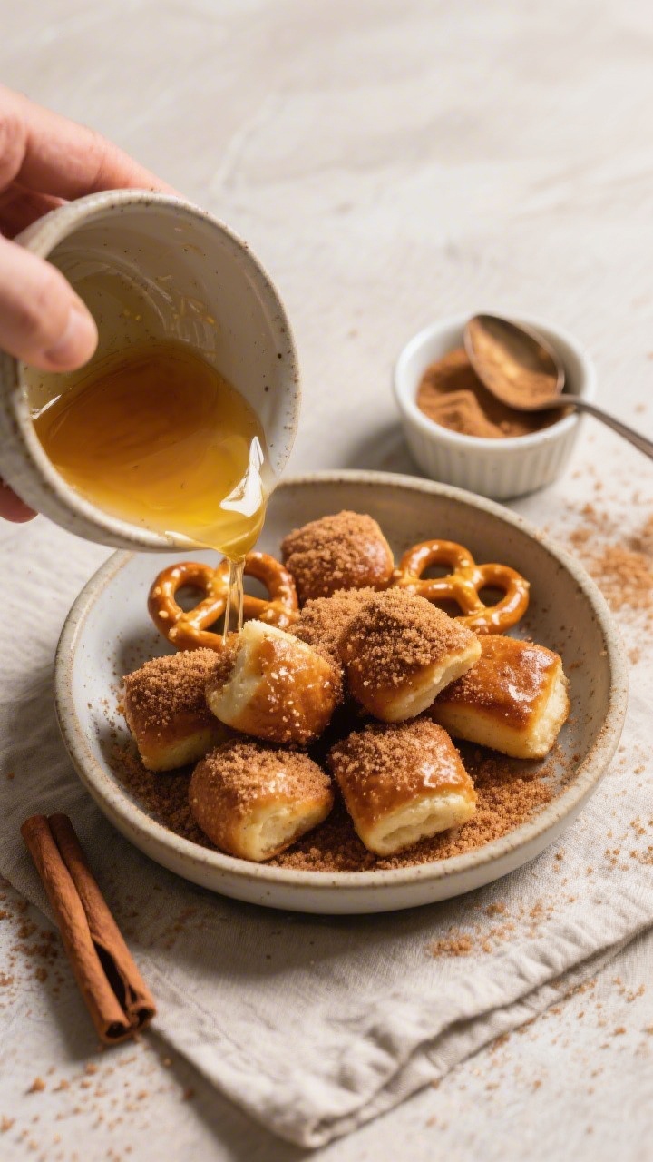 Overhead “tasty top view”: Warm pretzel bites in a wide, shallow bowl being generously coated—