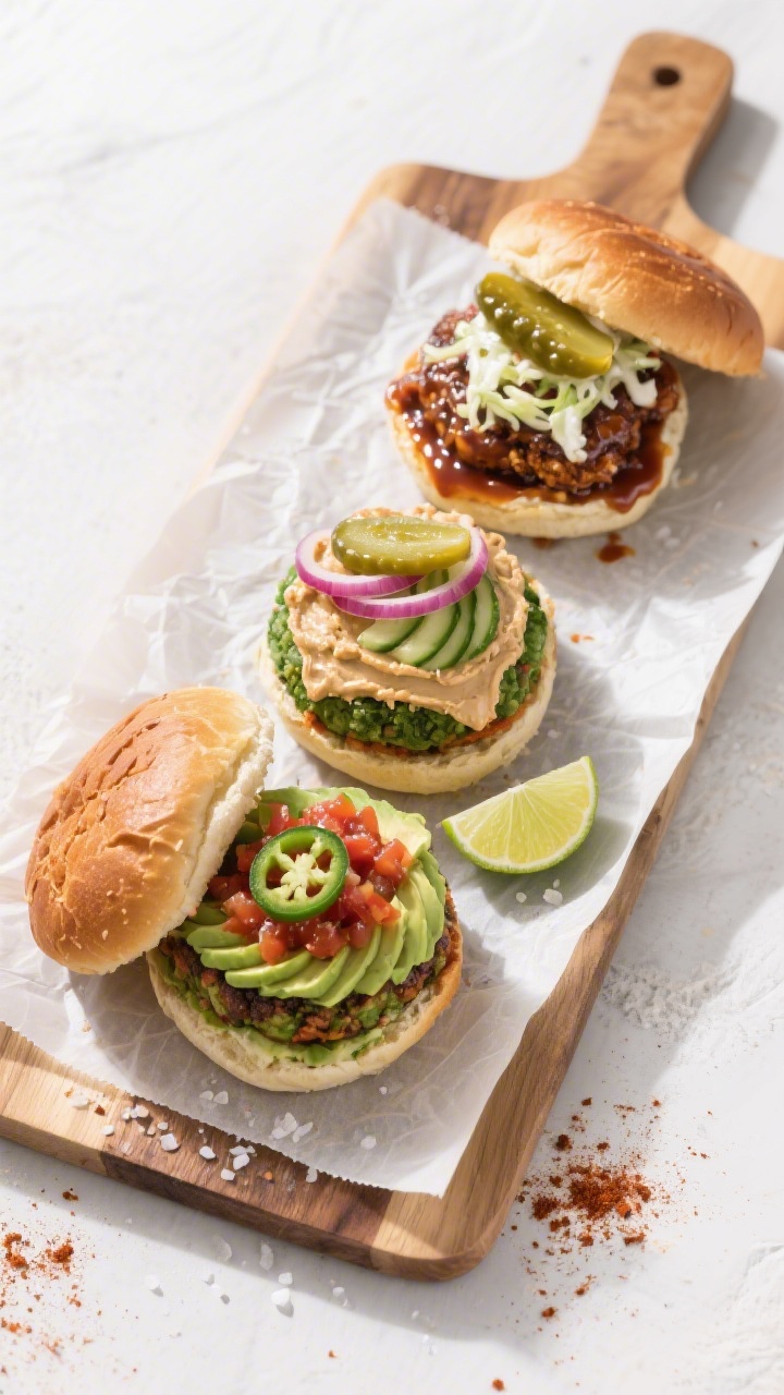 Tasty top-down variation board: Overhead shot of three finished veggie burgers showcasing different