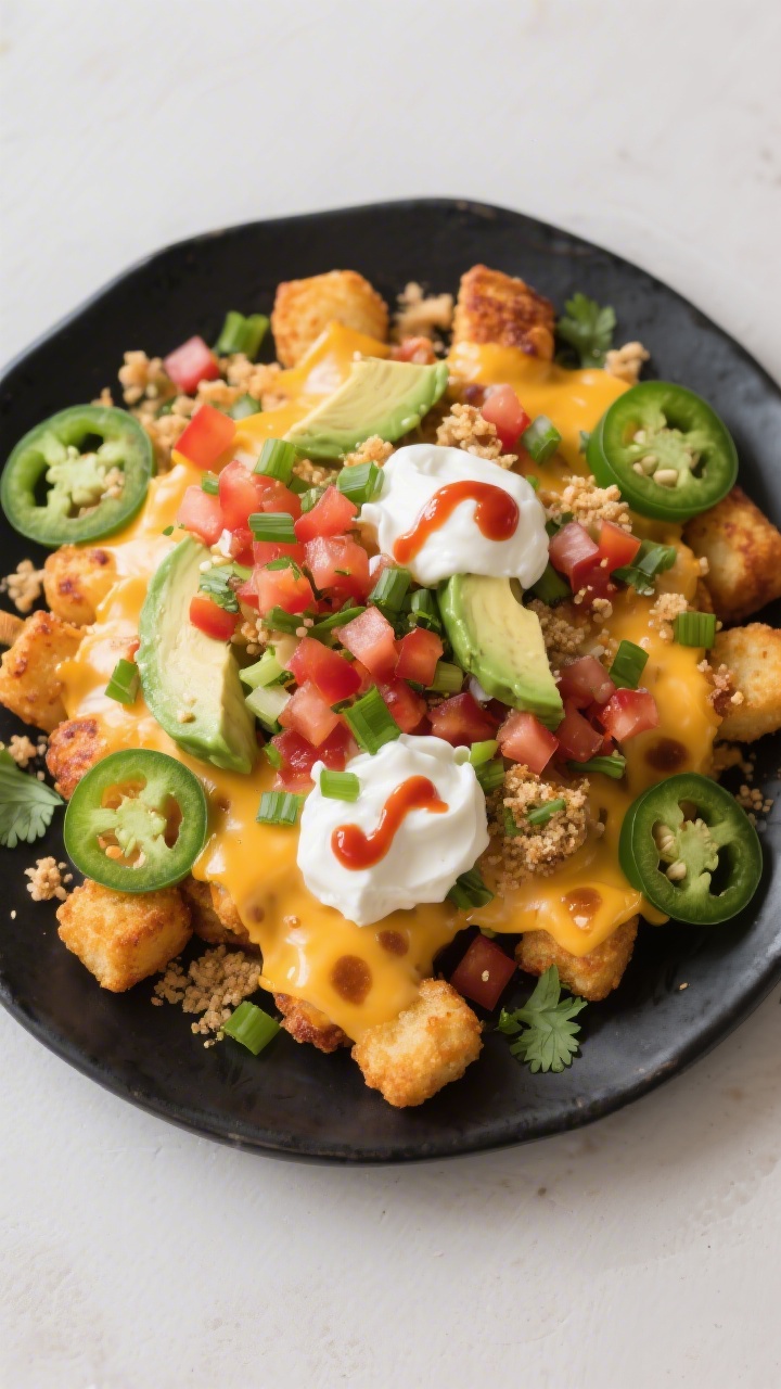 Tasty top view final presentation: Fully loaded Air Fryer Totchos on a matte black platter, overhead