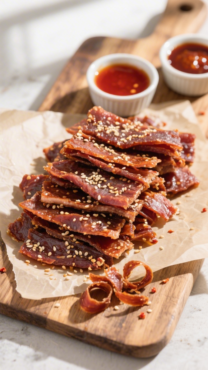 Tasty top view final presentation: Overhead shot of a rustic wooden board piled with finished pork l