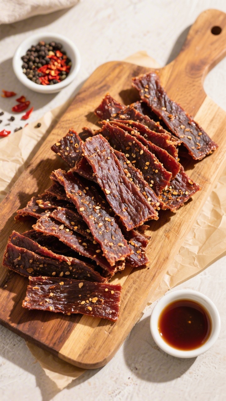 Tasty top view: Overhead hero shot of a rustic serving board piled with air fryer peppered beef jerk