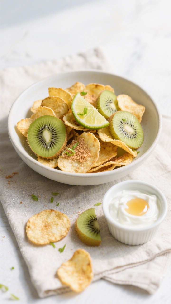 Tasty top view: Overhead shot of a finished snack spread—golden-green kiwi chips piled in a matte