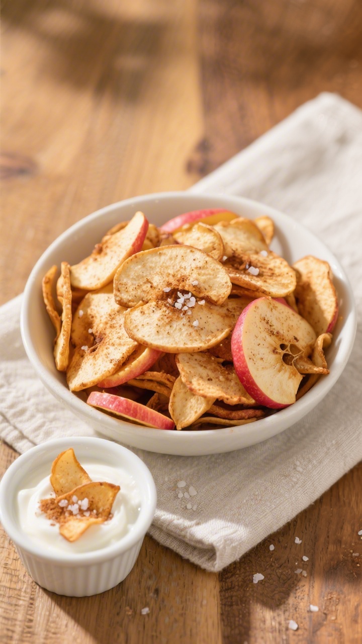 Tasty top view: Overhead shot of a heaping bowl of finished cinnamon apple chips—mix of Honeycrisp