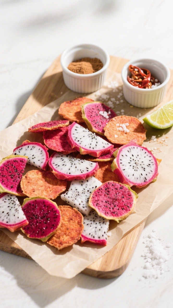 Tasty top view: Overhead shot of a mixed platter of final dragon fruit chips (red- and white-fleshed