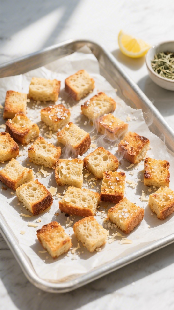 Tasty top view: Overhead shot of a parchment-lined sheet with freshly finished croutons cooling in a