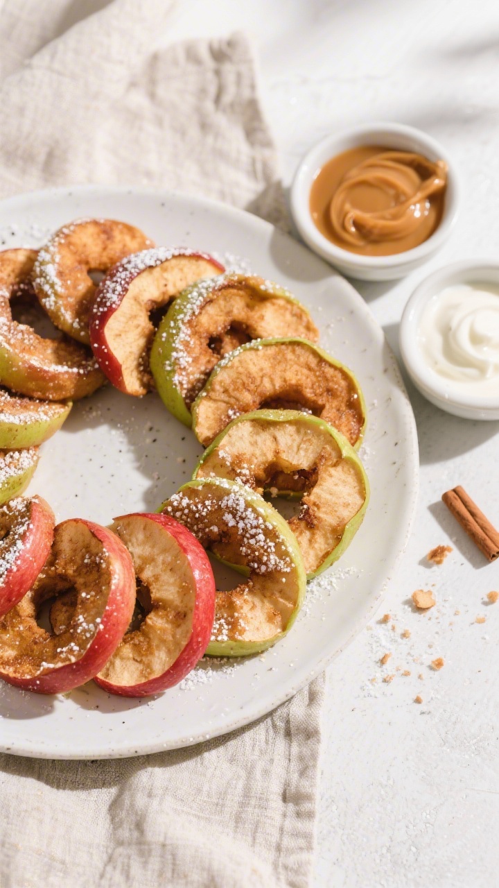 Tasty top view: Overhead shot of a platter of finished Air Fryer Apple Rings arranged in a loose spi