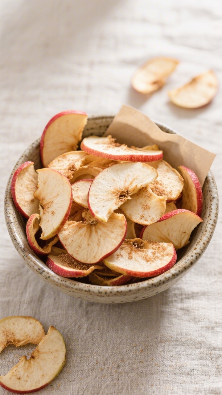 Tasty top view: Overhead shot of a rustic bowl overflowing with perfectly crisp apple chips (peels o