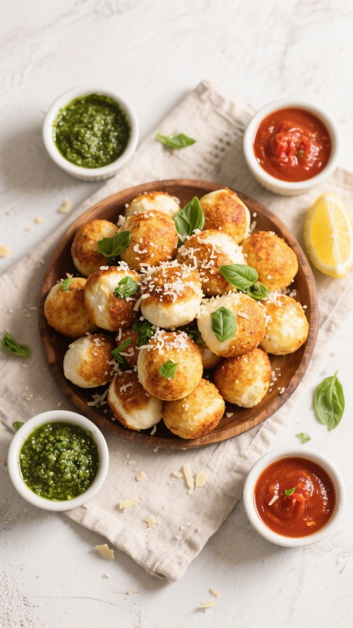 Tasty top view: Overhead shot of a rustic platter piled with air fryer mozzarella balls, evenly gold