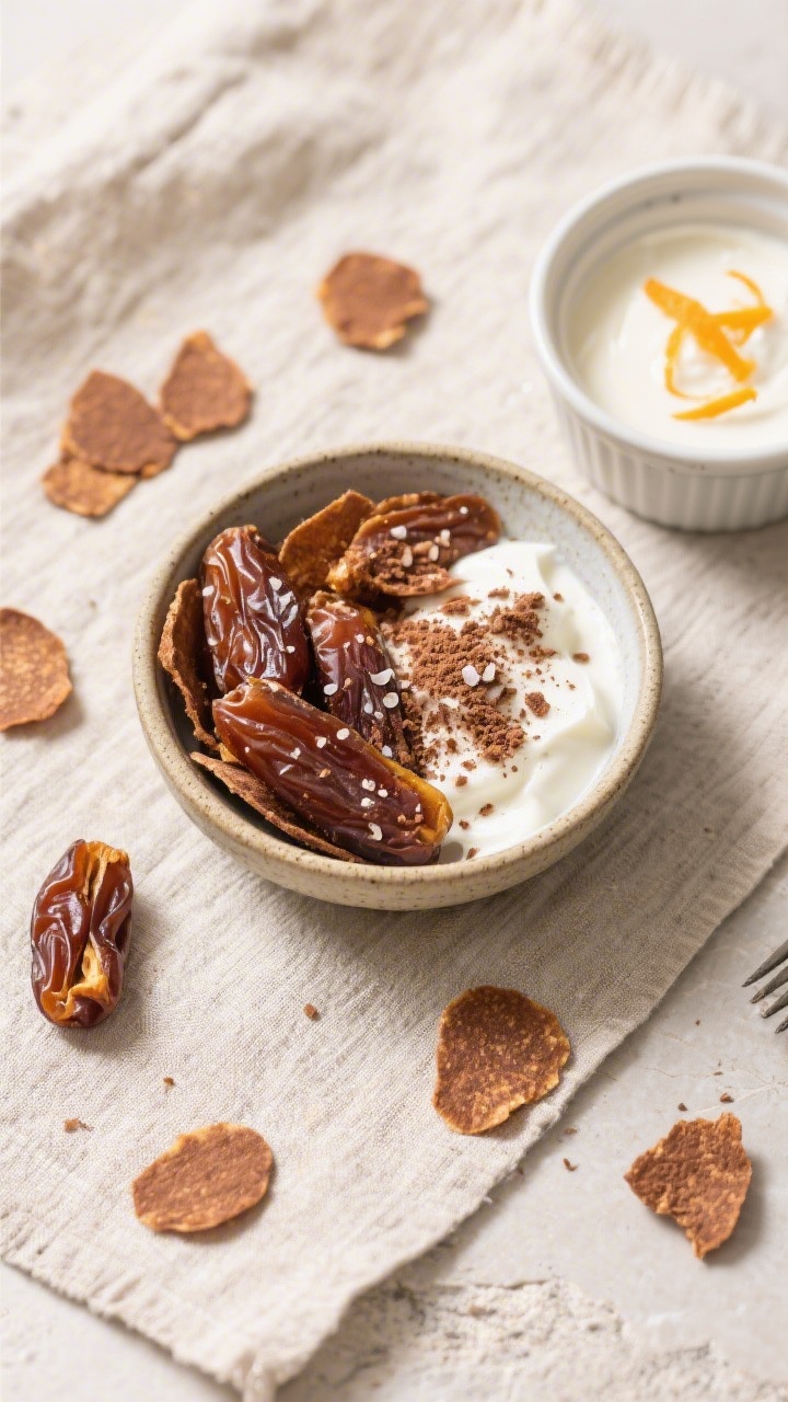 Tasty top view: Overhead shot of a small ceramic bowl filled with fully cooled, ultra-thin date chip