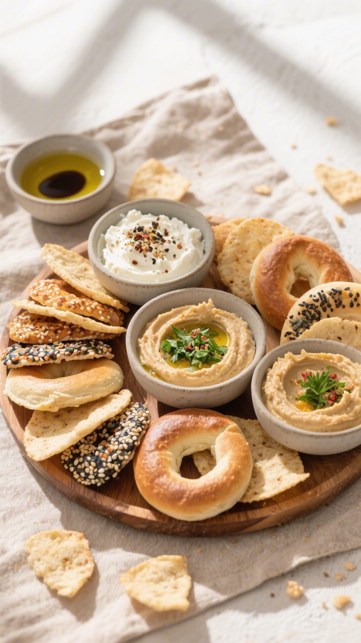Tasty top view: Overhead shot of a snack board featuring mixed-flavor bagel chips (plain, sesame, ev