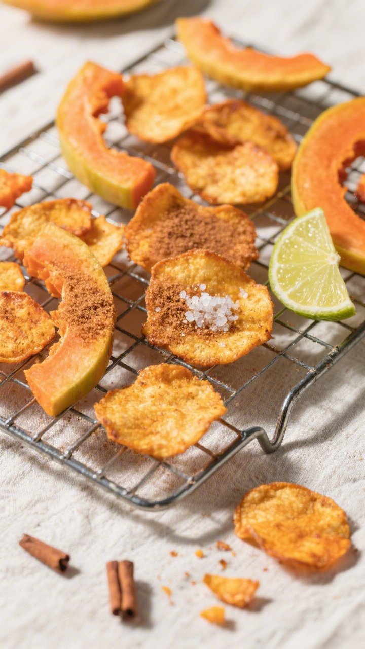 Tasty top view: Overhead shot of a wire rack loaded with freshly air-fried papaya chips cooling to s