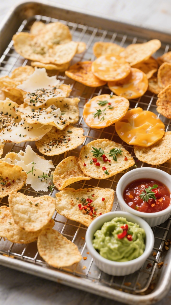Tasty top view: Overhead shot of an assorted mix of cooked chips—parmesan crisps, cheddar rounds,