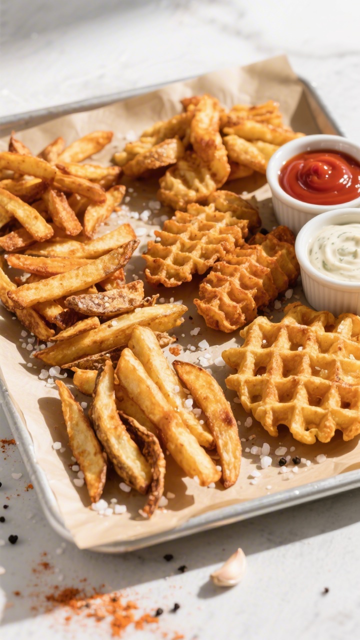 Tasty top view: Overhead shot of assorted air-fried fries—shoestring, crinkle, and waffle—arrang