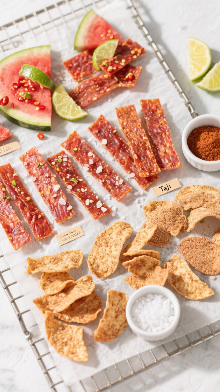 Tasty top view: Overhead shot of assorted watermelon jerky variations arranged in a neat mosaic on a