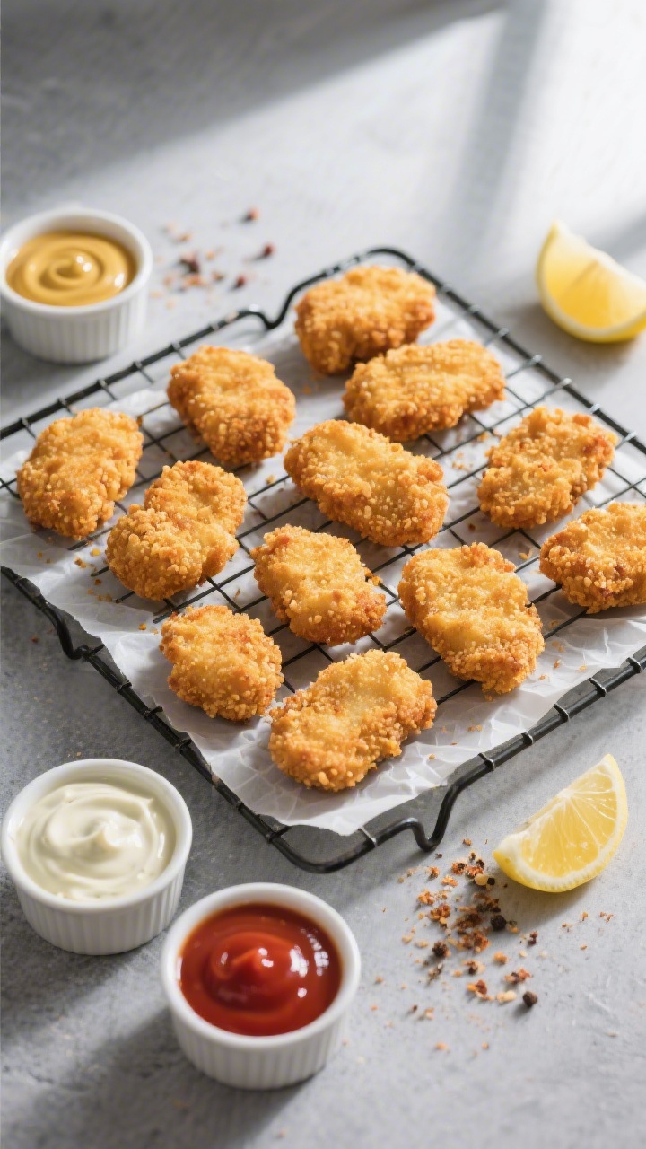 Tasty top view: Overhead shot of freshly cooked chicken nuggets arranged in a single layer on a parc