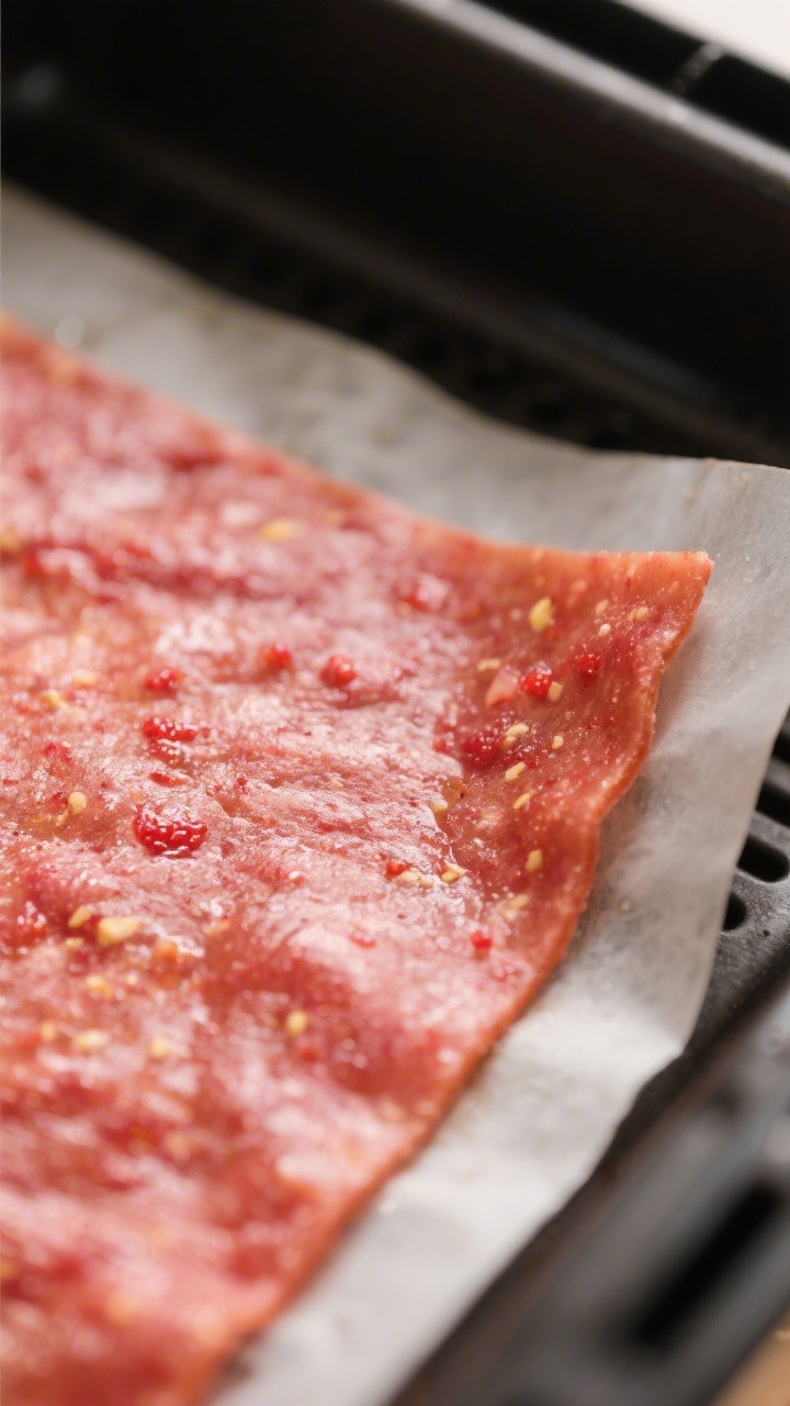 Close-up detail: A sheet of air-fried fruit leather just finished drying in the air fryer tray, matt
