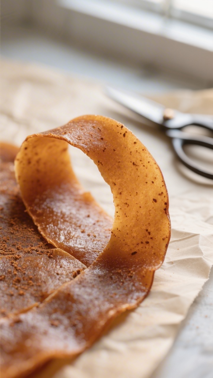 Close-up detail: A sheet of finished apple fruit leather just peeled from parchment, edges neatly tr