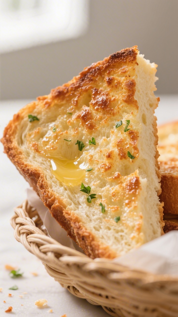 Close-up detail: A slice of air-fried frozen garlic bread just out of the basket, edges deeply golde