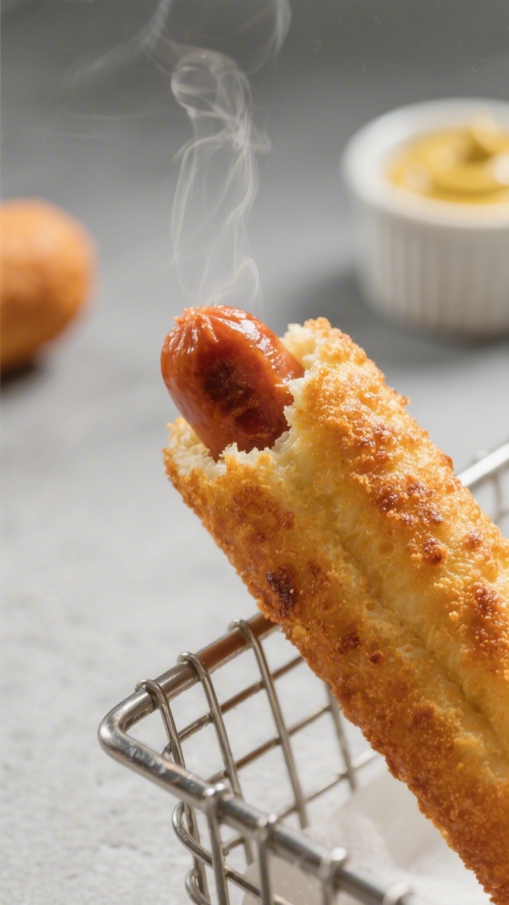 Close-up detail: A standard-size air-fried corn dog just out of the basket at 375°F, golden-brown c