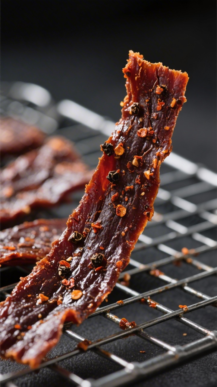 Close-up detail: A tight macro of finished air fryer beef jerky strips resting on a wire rack, glist