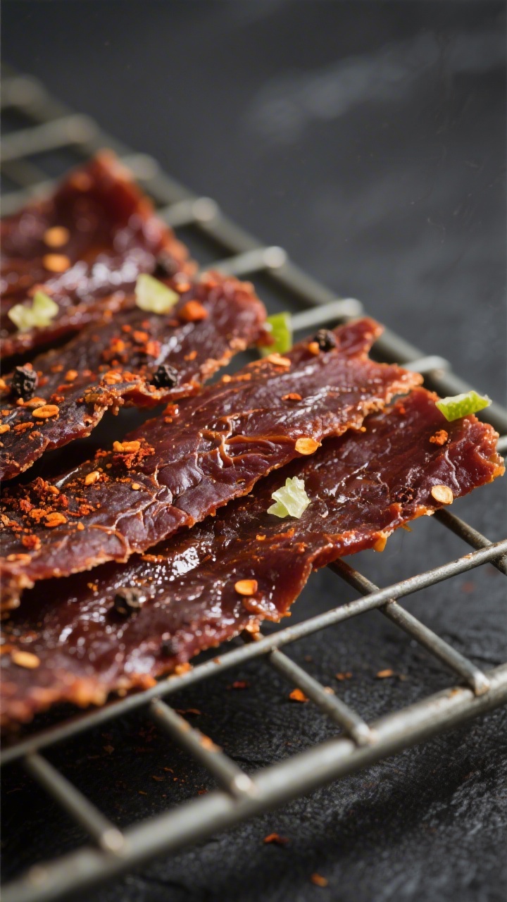 Close-up detail: A tight macro of finished chili lime beef jerky strips resting on a wire cooling ra